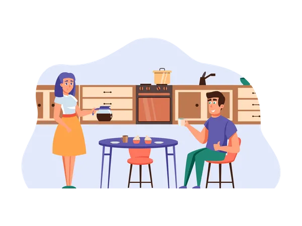 Wife giving coffee to husband  Illustration