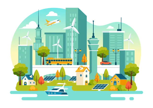 Wind mills installed in cities  Illustration