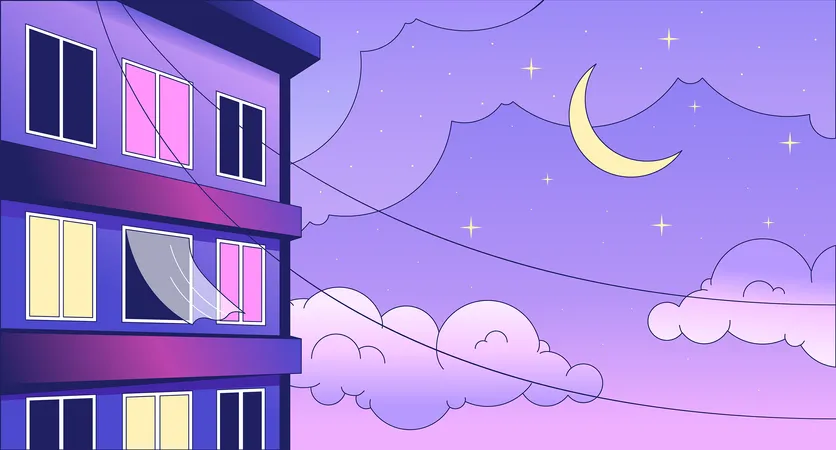 Papel de parede de prédio de apartamentos com janelas noite lo fi chill  Ilustração