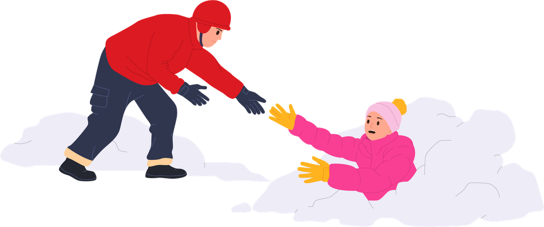 Winter rescuer man saving life of woman covered with snow after avalanche in mountain wilderness  イラスト