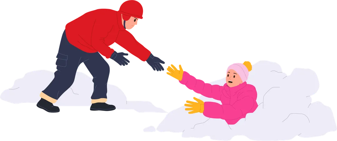 Winter rescuer man saving life of woman covered with snow after avalanche in mountain wilderness  イラスト