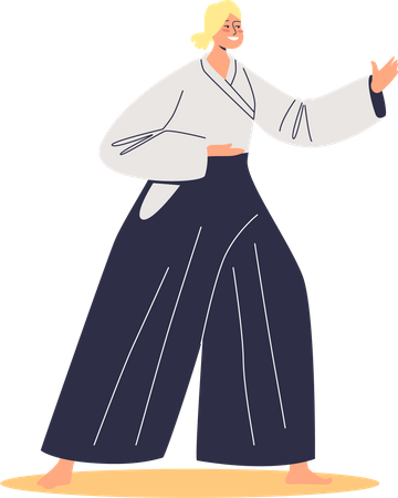 Woman aikido fighter in costume for competition or training  Illustration