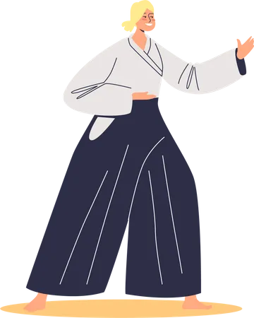 Woman aikido fighter in costume for competition or training  Illustration