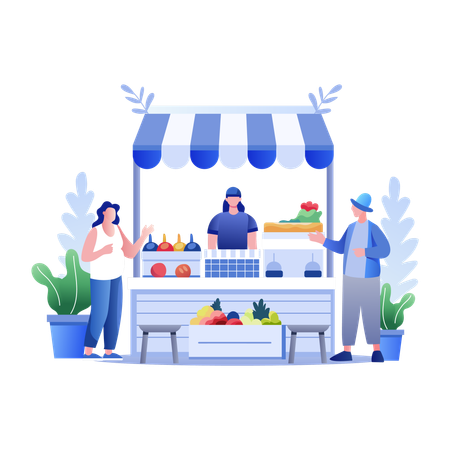 Woman and man buying food at Market Stall  Illustration