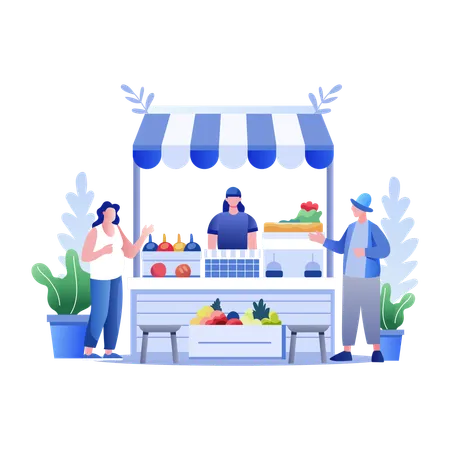 Woman and man buying food at Market Stall  Illustration