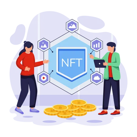 Woman and man looking at NFT Tokens  Illustration