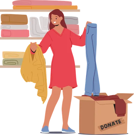 Woman arranges her clothes in donation box  Illustration