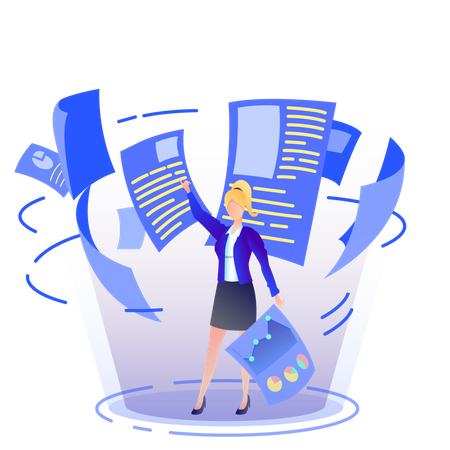 Woman arranging files and analytics in the office  Illustration