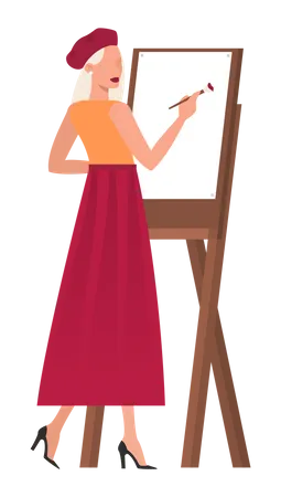 Woman artist standing at the easel and painting  イラスト