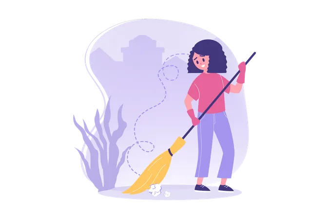 Woman brooming garbage  Illustration