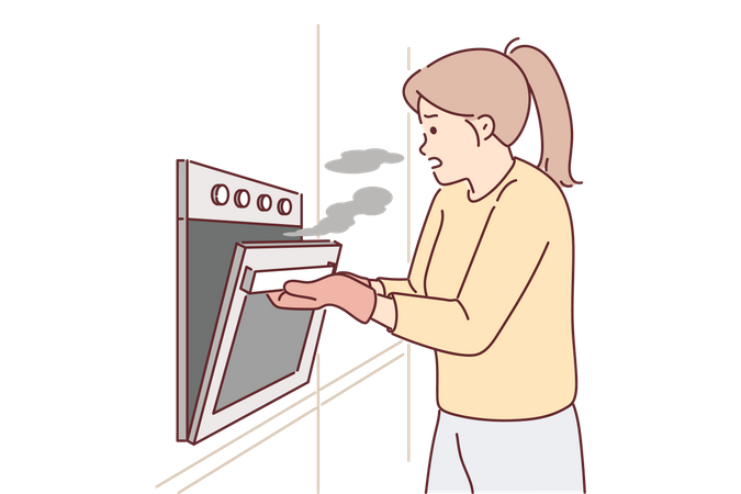 Woman burned food inside oven  Illustration