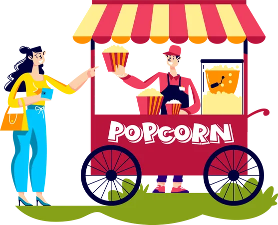 Woman buy popcorn in street kiosk  Illustration