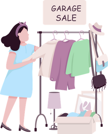 Woman buying at garage sale  Illustration