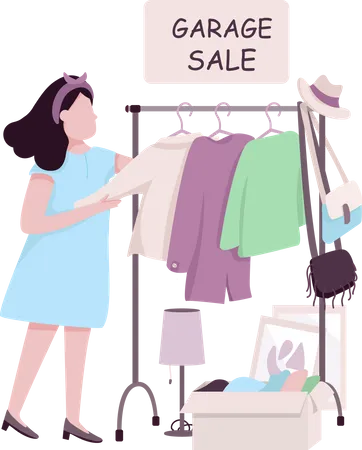 Woman buying at garage sale  Illustration