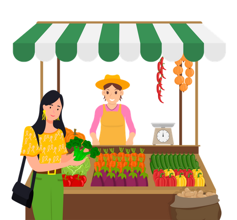 Woman buying fresh vegetables from street vendor  일러스트레이션