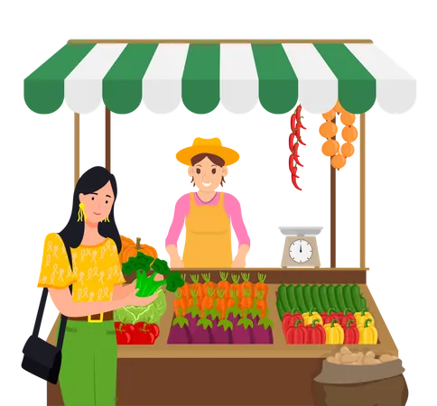 Woman buying fresh vegetables from street vendor  일러스트레이션