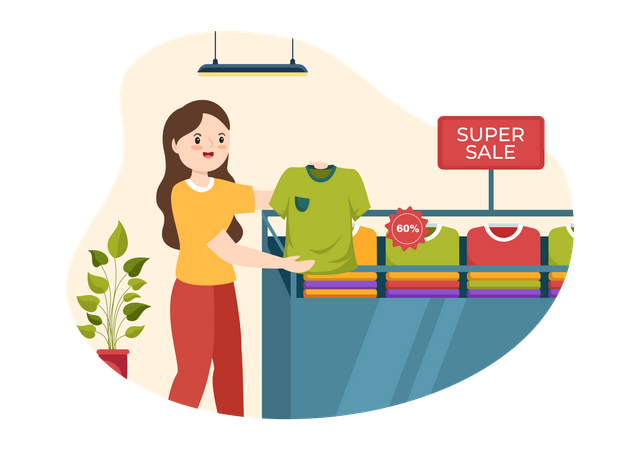 Woman buying tshirt on sale  Illustration