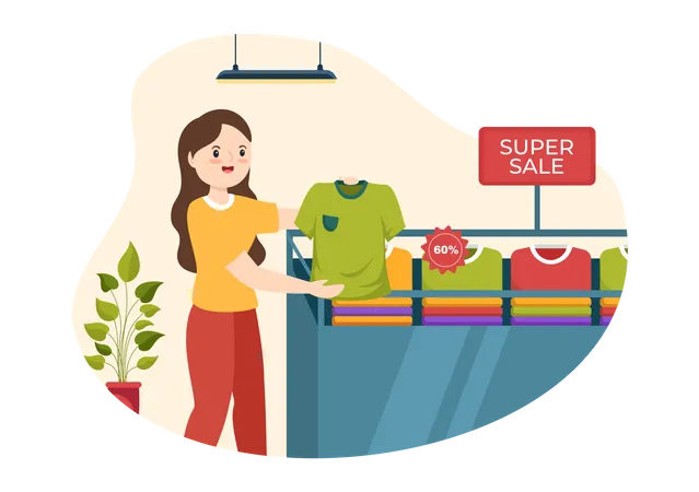 Woman buying tshirt on sale  Illustration