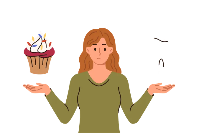 Woman calls to think about problem caries caused by eating sweet foods holds giant tooth and muffin  일러스트레이션