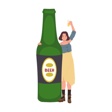 Woman Celebrating with Oversized Beer Bottle  イラスト