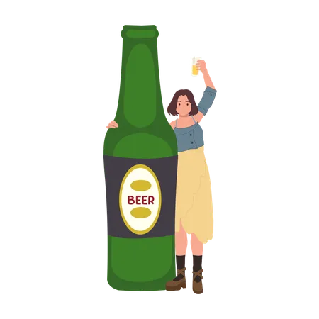 Woman Celebrating with Oversized Beer Bottle  イラスト