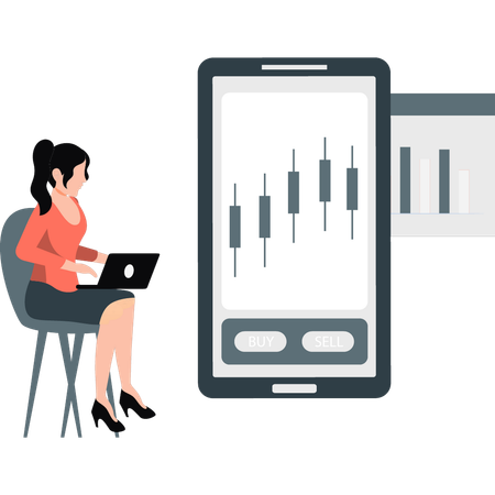 Woman checking stock exchange on mobile  Illustration