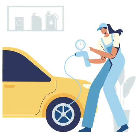 Woman checking tire pressure  Illustration