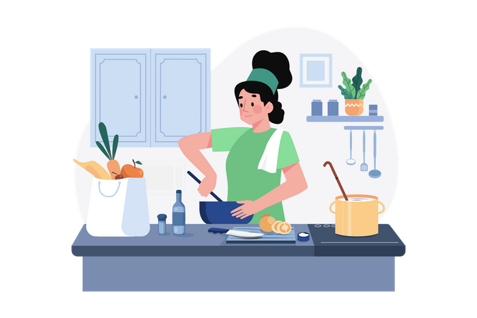 Woman chef cooking in kitchen  イラスト