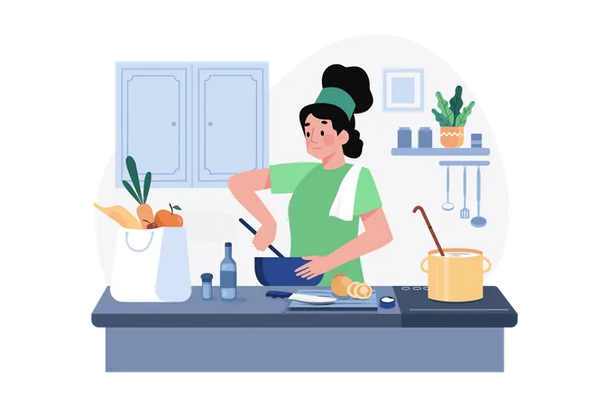 Woman chef cooking in kitchen  イラスト