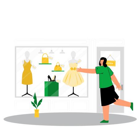 Woman choosing dress in clothing store  Illustration