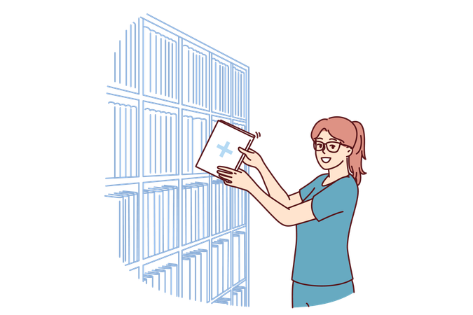 Woman clinic administrator with patient card stands near rack with archive of patients  Illustration