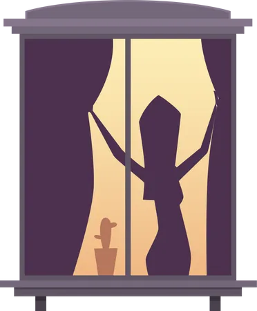 Woman closing window curtain  Illustration