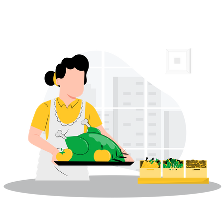 Woman cooking chicken  イラスト