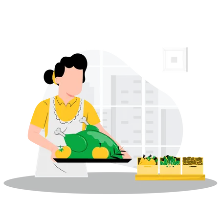 Woman cooking chicken  イラスト