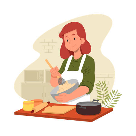 Woman cooking food in kitchen  Illustration