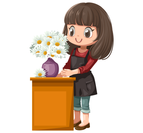 Woman decorating flower pot  Illustration