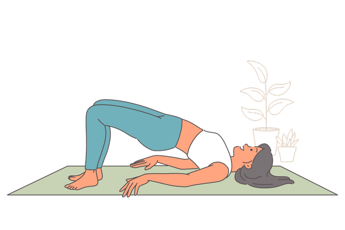 Woman does pilates on yoga mat while showing flexibility and feeling better through stretching  Illustration