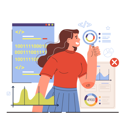 Woman doing binary coding and analysis  일러스트레이션