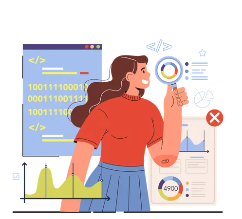 Woman doing binary coding and analysis  일러스트레이션