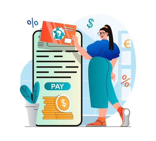 Woman doing online international transaction with card  Illustration