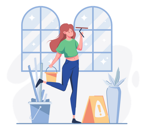 Woman doing window clean with cleaning equipment  Illustration