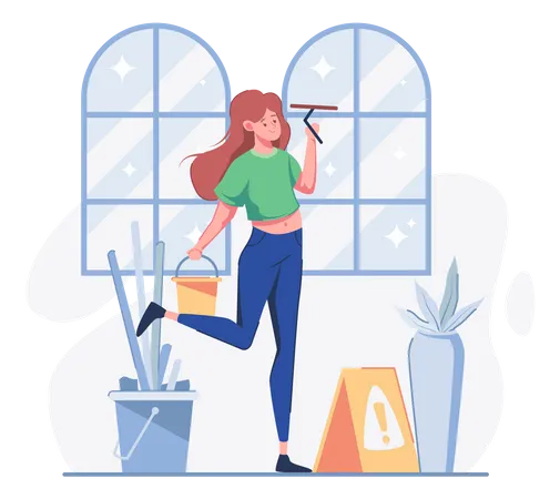 Woman doing window clean with cleaning equipment  Illustration