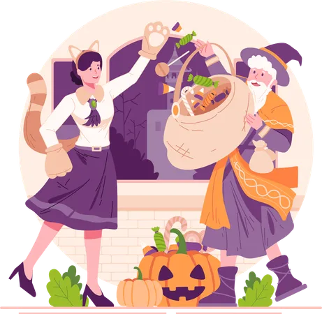 Woman Dressed in Costume Gives Candy and Sweets to Man Dressed in Costume Who Is Holding Basket  イラスト