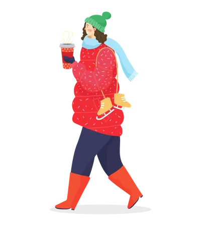 Woman Drinking Coffee and Wearing Warm Clothes  Illustration