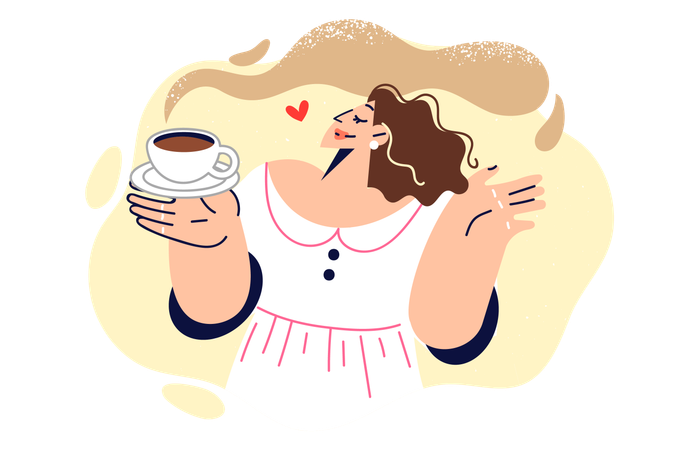 Woman drinks coffee and enjoys aroma of invigorating hot drink  イラスト