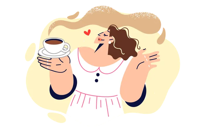 Woman drinks coffee and enjoys aroma of invigorating hot drink  イラスト