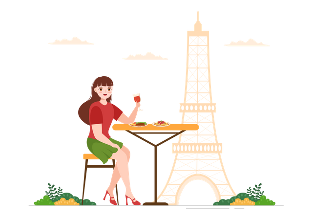 Woman Eating French Food  イラスト