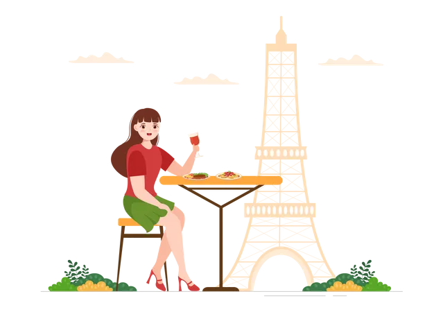 Woman Eating French Food  イラスト