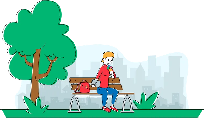 Woman eating ice-cream while sitting at park bench  Illustration