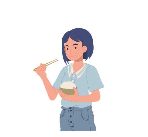 Woman eating rice with chopstick  Illustration